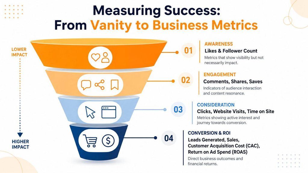 Social media marketing funnel from views to customer